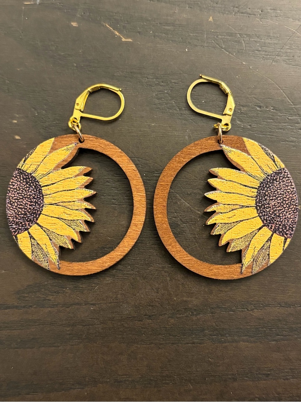Sunflower Wooden Drop Earrings - Yellow